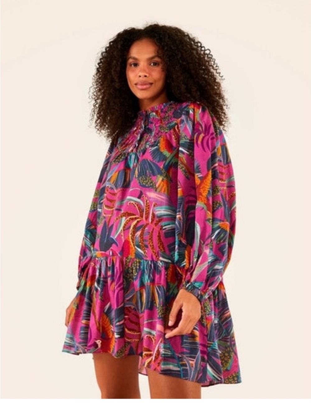 FARM Rio Rainbow Macaws Tropical Print Smocked Tiered Mini Dress